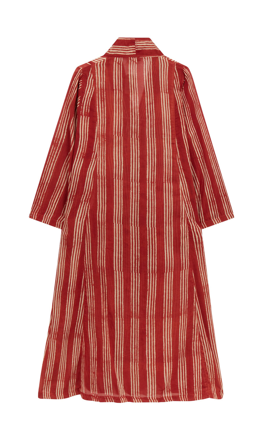 Plümo- Lina Stripe Dress: Red and beige block print, vertical stripes, spread collar, relaxed A-line silhouette.