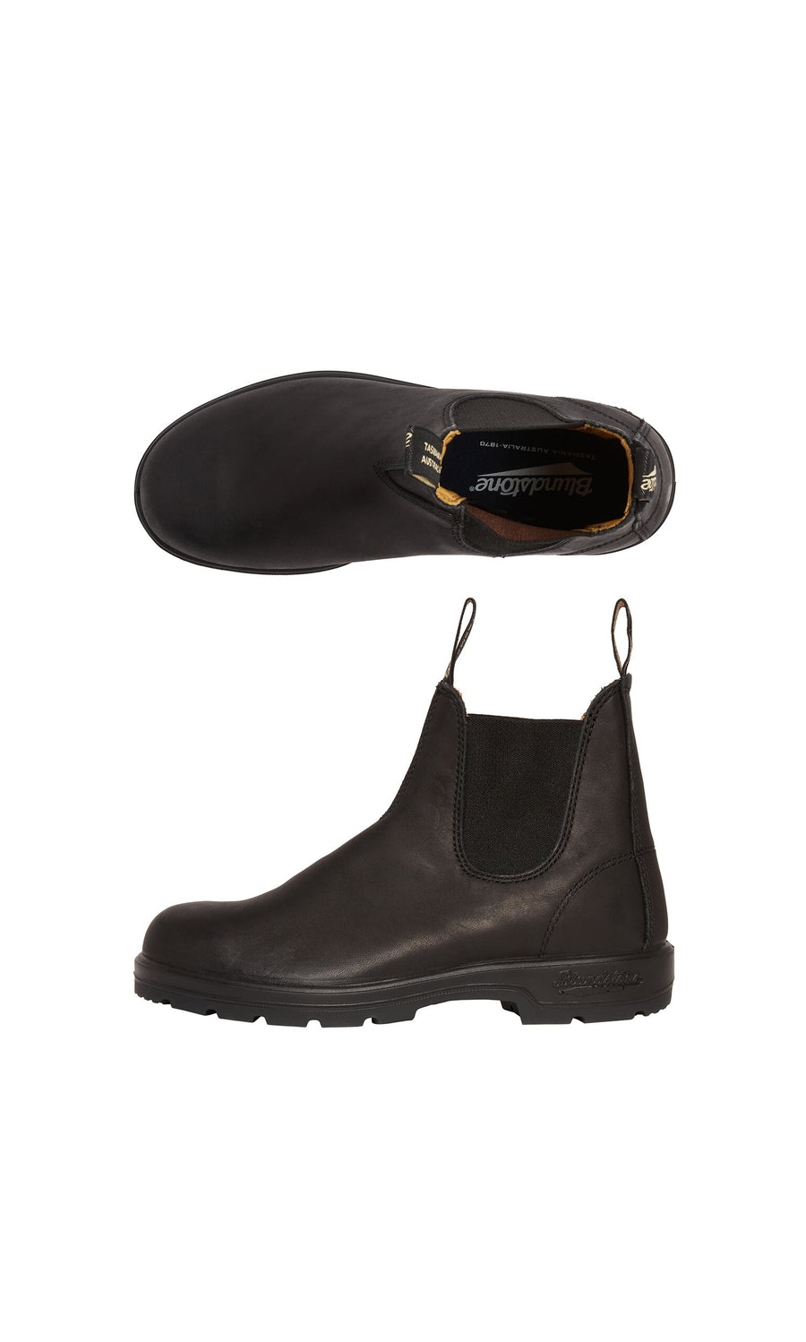 Plümo- Top and side view of Blundstone Boots - Black with elastic panels and pull tabs, inspired by classic designs.