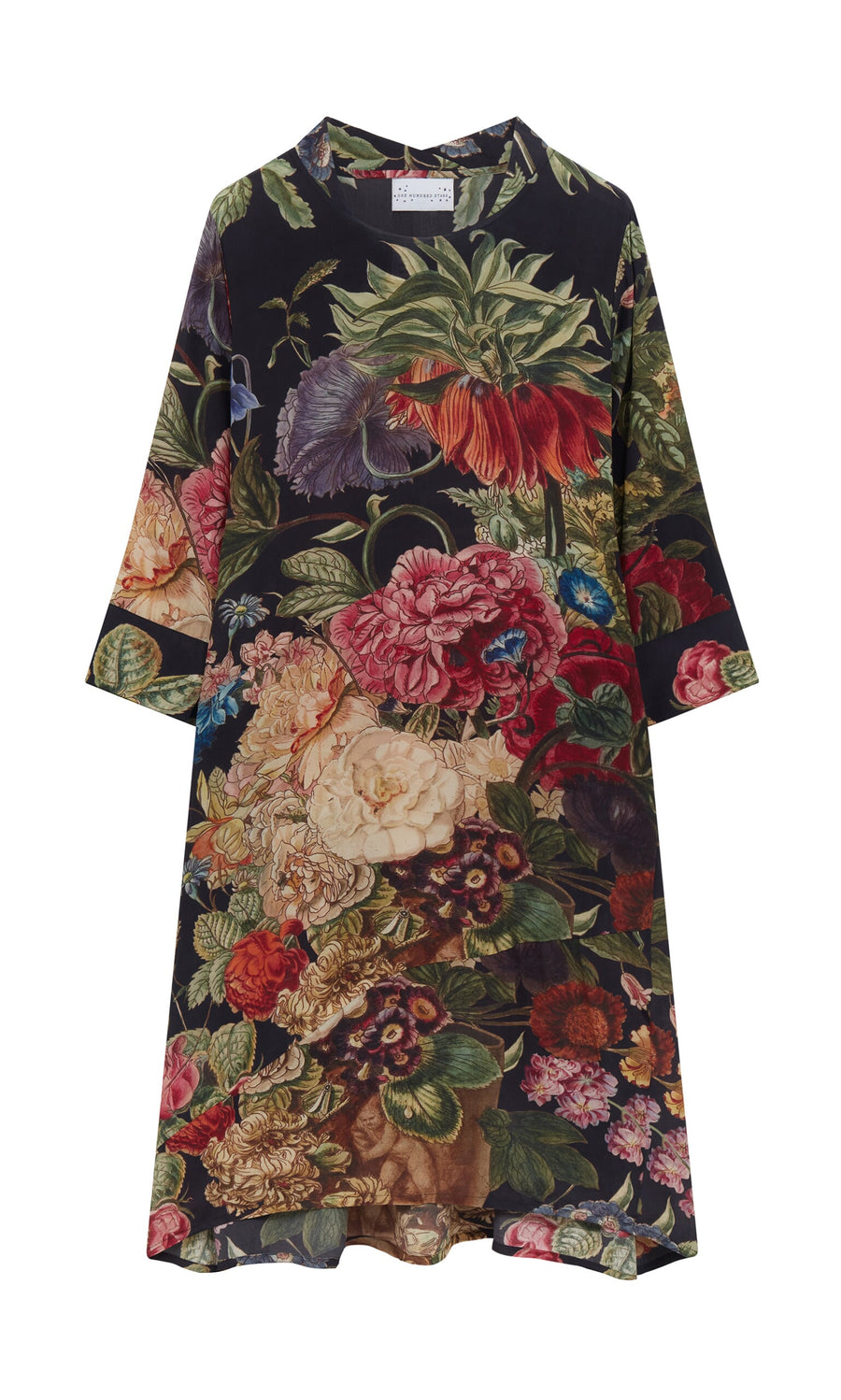 Plümo - The Primula Dress is a knee-length, long-sleeve floral dress with a vibrant multicolor print on black.