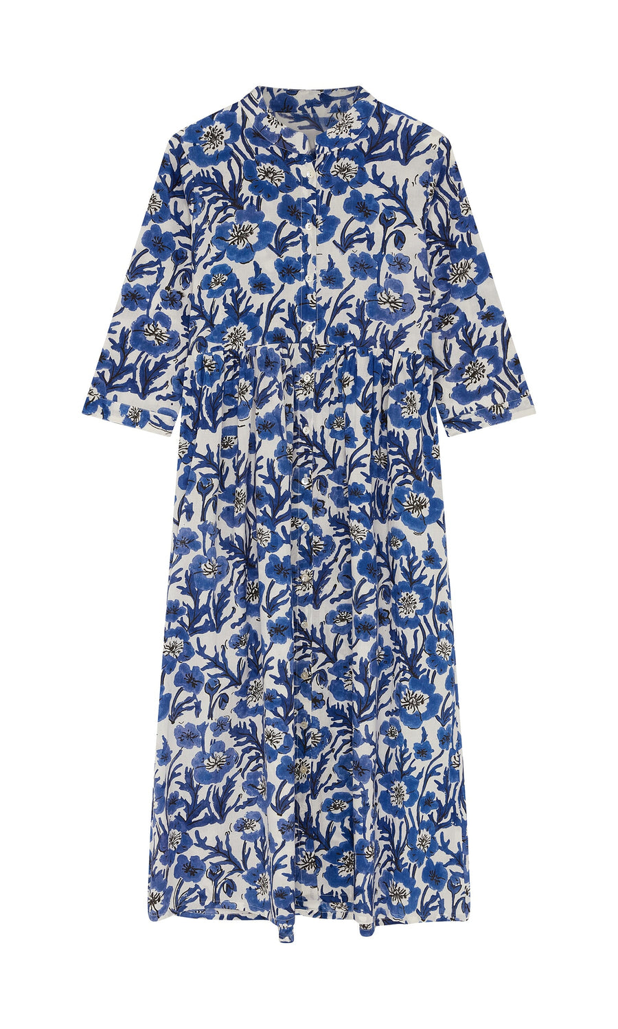 Plümo- Blue Pansy Dress: Long-sleeved, ankle-length cotton voile with blue and white florals, gathered waist, band collar.