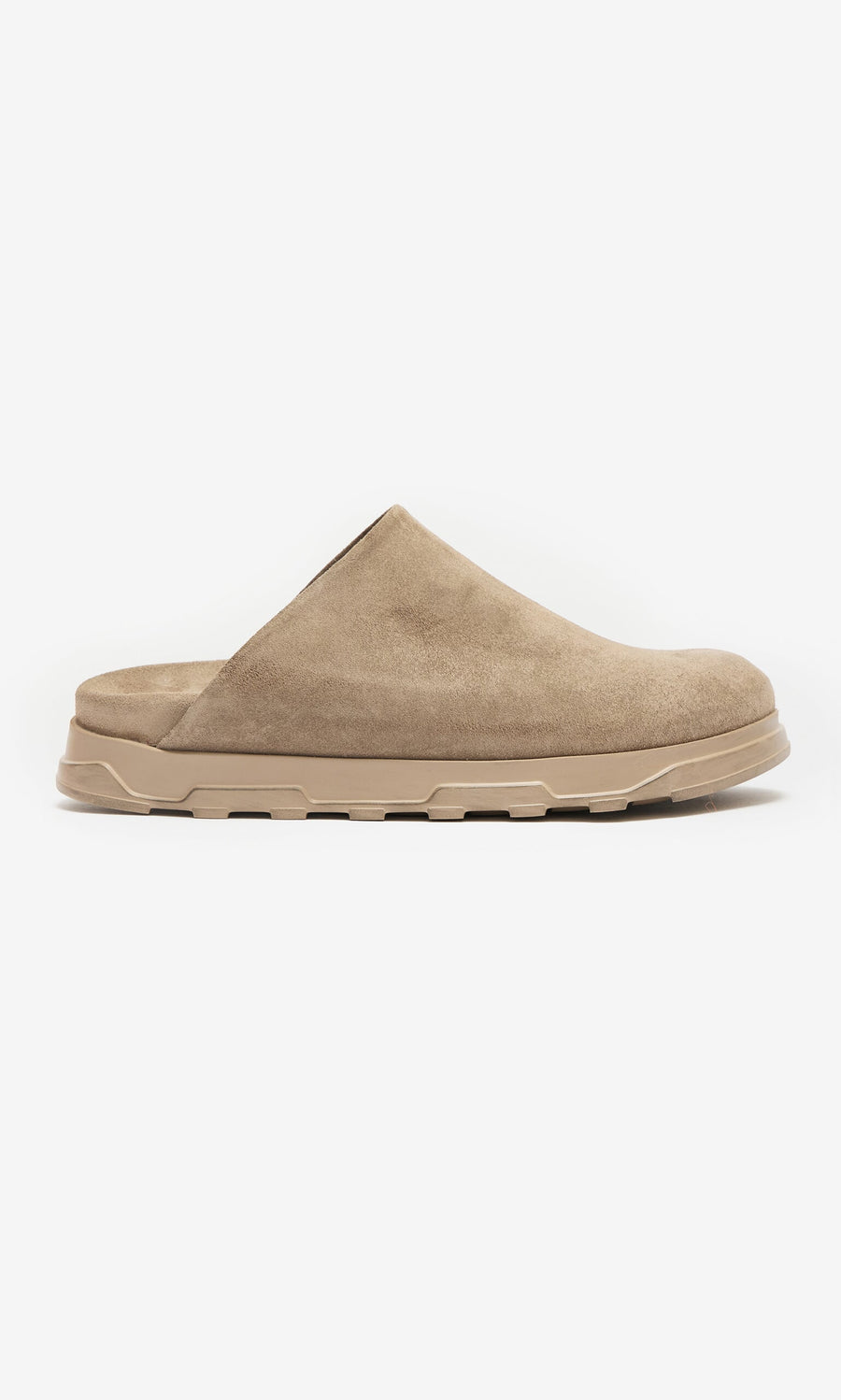 Plümo- Como Mules in tan taupe suede, handmade by Lofina, feature a comfy moulded footbed; shown in side profile.
