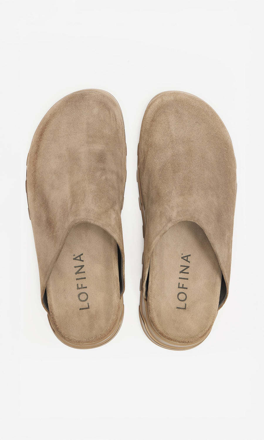Plümo- The Como Mules: taupe suede with LOFINA branding and a comfortable moulded footbed, shown from above.