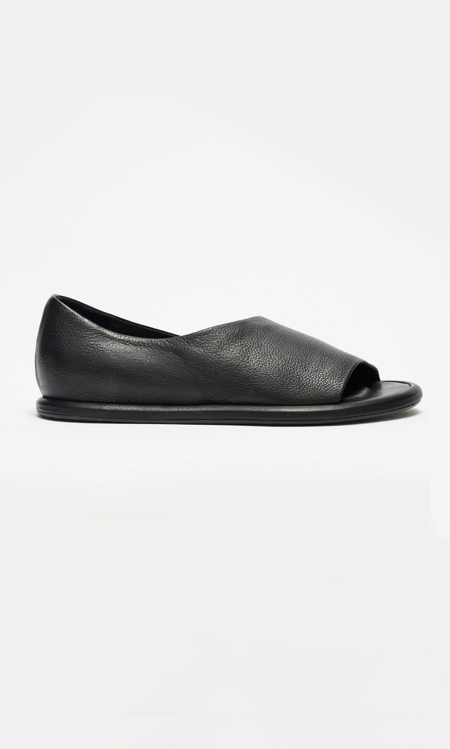 Plümo- Hawke Sandals: black open-toe flats with smooth vegetable-tanned leather and a minimal modern design.