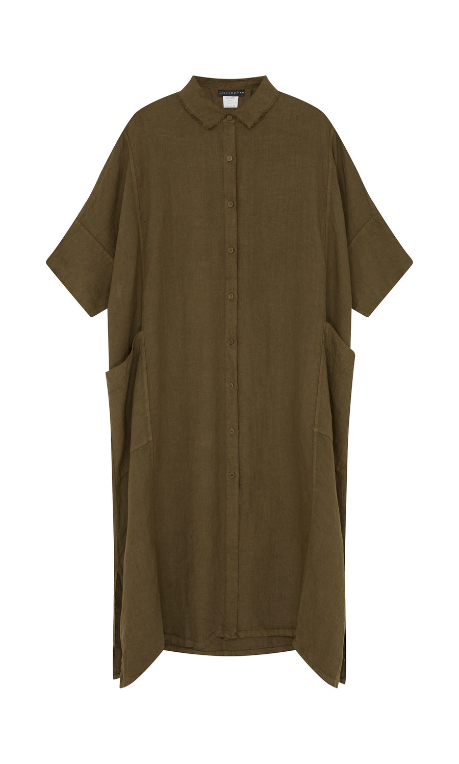 Plümo- Hockley Linen Dress in brown with raw edge collar, two large side pockets, and short sleeves on white background.