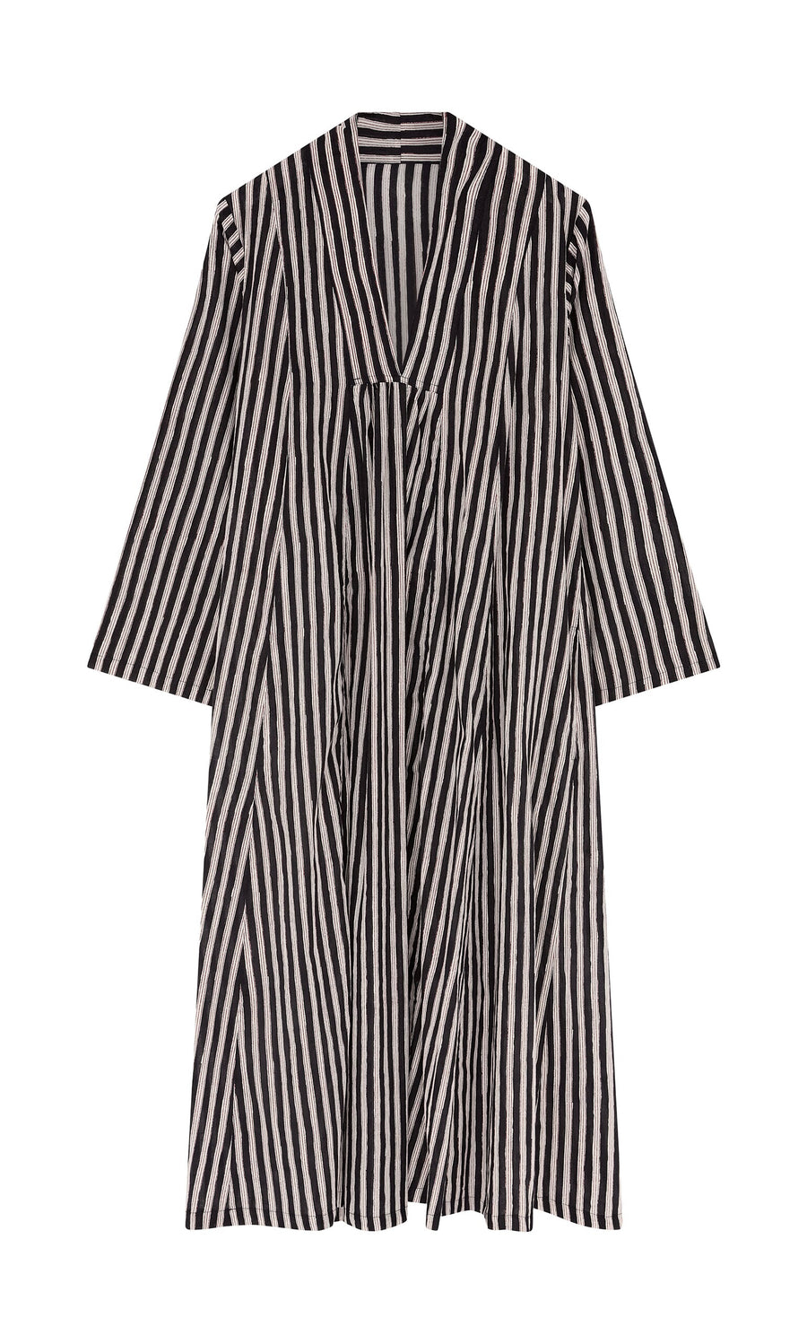 Plümo- Hoyland Dress - Charcoal Stripe: knee-length, wide sleeves, pleated front, block printed striped cotton.