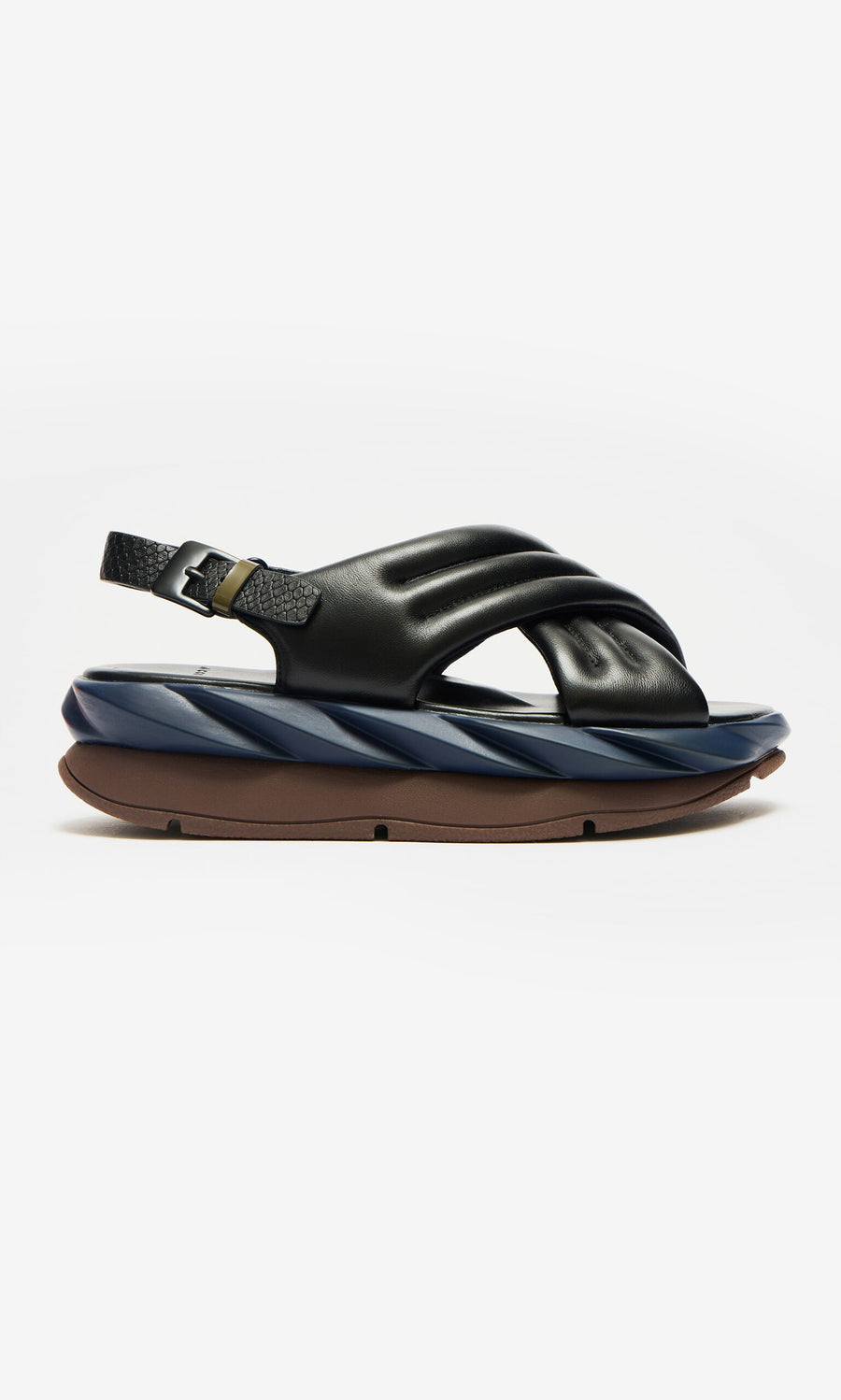 Plümo- Korra Sandals in black and navy blue leather with cushioned sole and adjustable back strap, shown side view.
