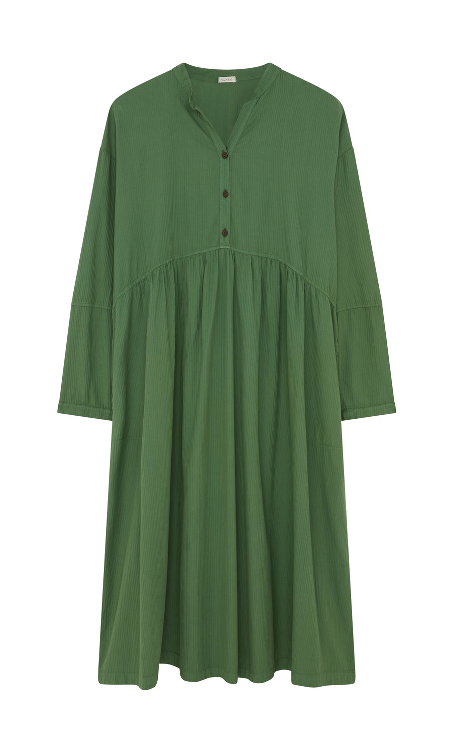 Plümo- Marisol Dress in emerald cotton with V-neck, bracelet-length sleeves, and buttoned front placket.