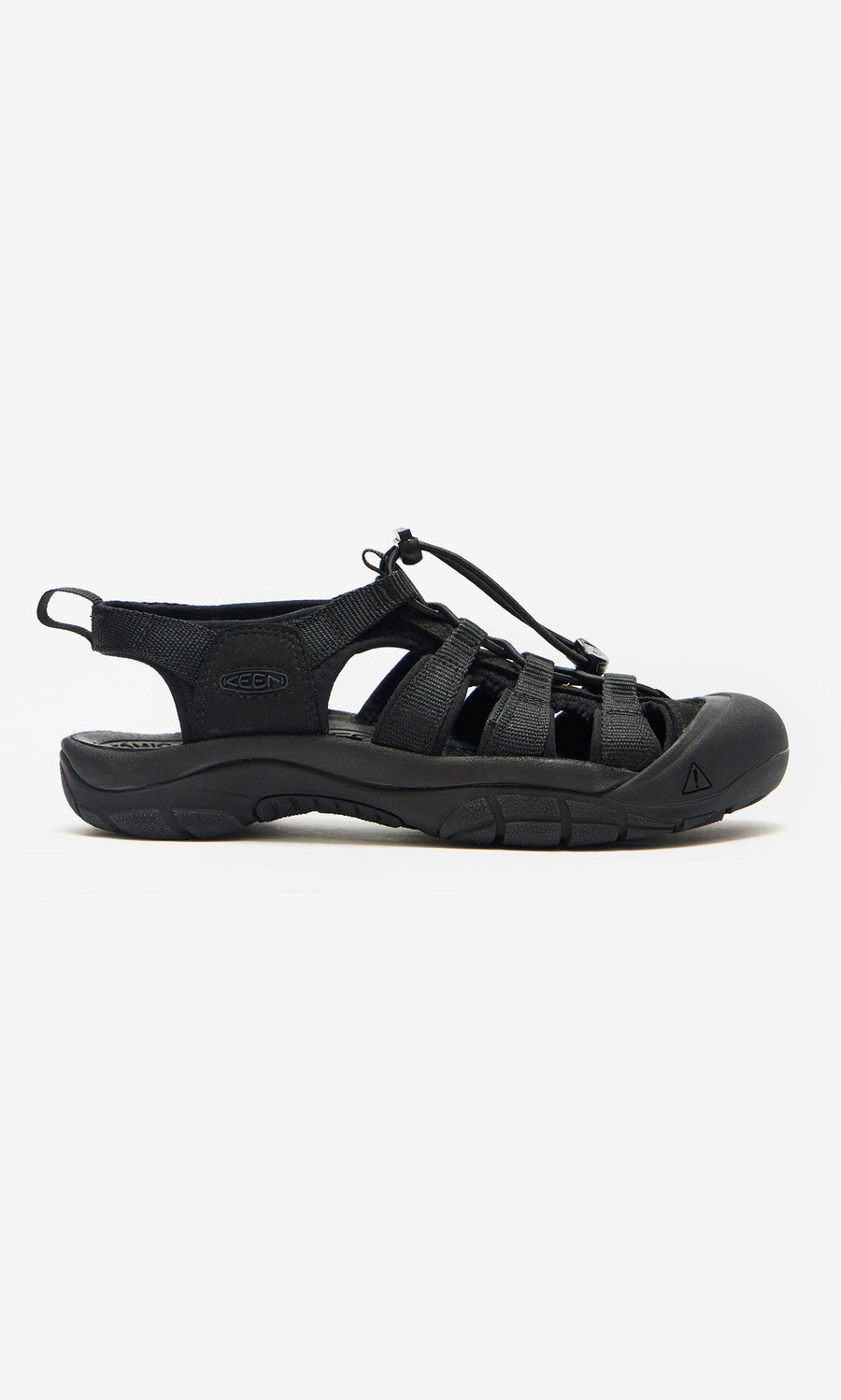 Plümo- Newport Sandals: black outdoor water sandal with closed toe, multiple straps, arch support, and rubber sole shown side view.