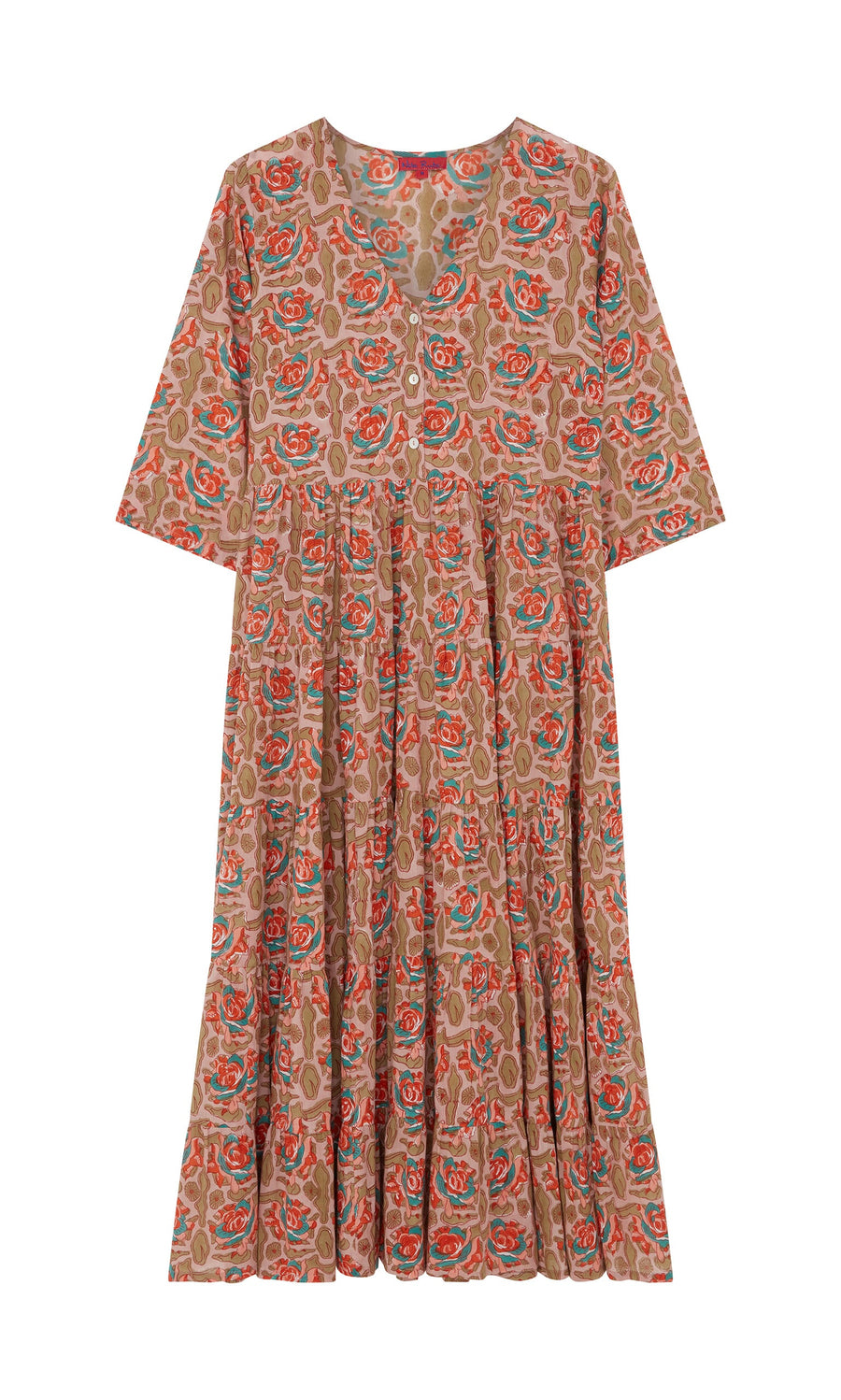 Plümo- Nila Flower Dress: Brown block-printed dress with short sleeves, v-neck, and red, green, blue floral design.