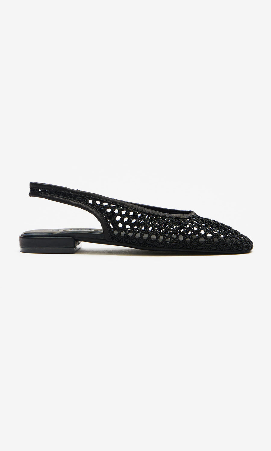 Plümo- Noa Slingbacks: Black mesh flats with an open, woven design and pointed toe, shown in a modern Danish side profile.