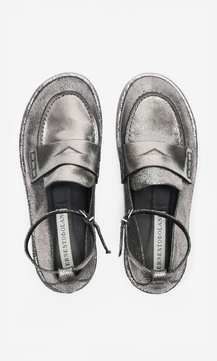 Plümo- Silver Loafers in metallic leather with detachable ankle straps, shown from above on a white background.