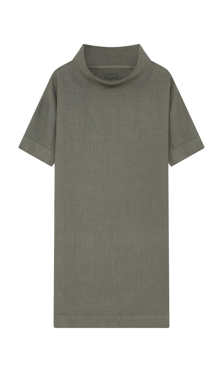 Plümo- The Sims Dress is a relaxed-fit, plain olive green dress with short sleeves and a subtle high neckline.