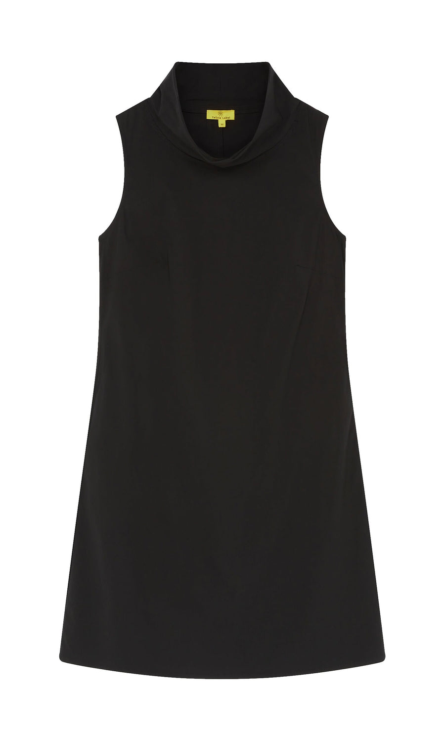 Plümo- Sleeveless black Tegan Dress with a comfortable cowl neck, laid flat on a white background.